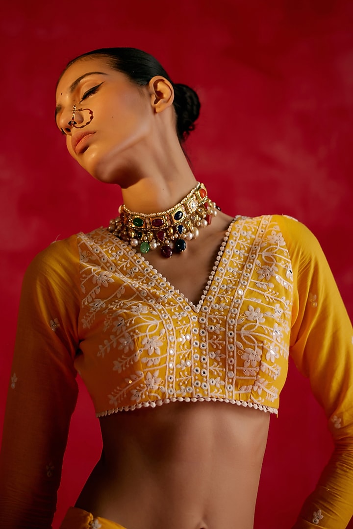 Mango Yellow Cotton Mulmul Mirror & Thread Work Wedding Lehenga Set by PREEVIN at Pernia's Pop Up Shop