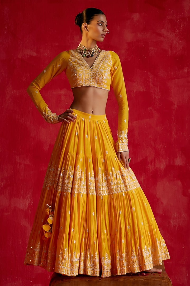 Mango Yellow Cotton Mulmul Mirror & Thread Work Wedding Lehenga Set by PREEVIN at Pernia's Pop Up Shop