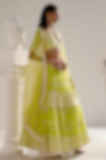 Neon Green Cotton Mulmul Mirror & Thread Work Lehenga Set by PREEVIN at Pernia's Pop Up Shop