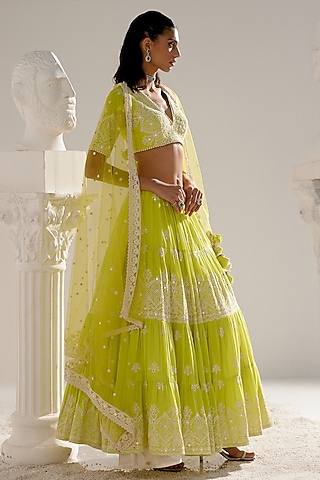 Neon Green Cotton Mulmul Mirror & Thread Work Lehenga Set by PREEVIN