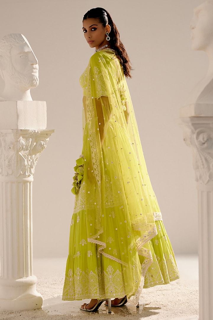 Neon Green Cotton Mulmul Mirror & Thread Work Wedding Lehenga Set by PREEVIN at Pernia's Pop Up Shop