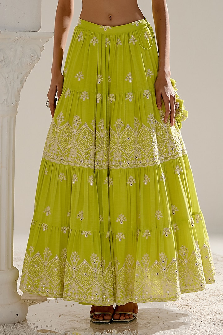 Neon Green Cotton Mulmul Mirror & Thread Work Wedding Lehenga Set by PREEVIN at Pernia's Pop Up Shop