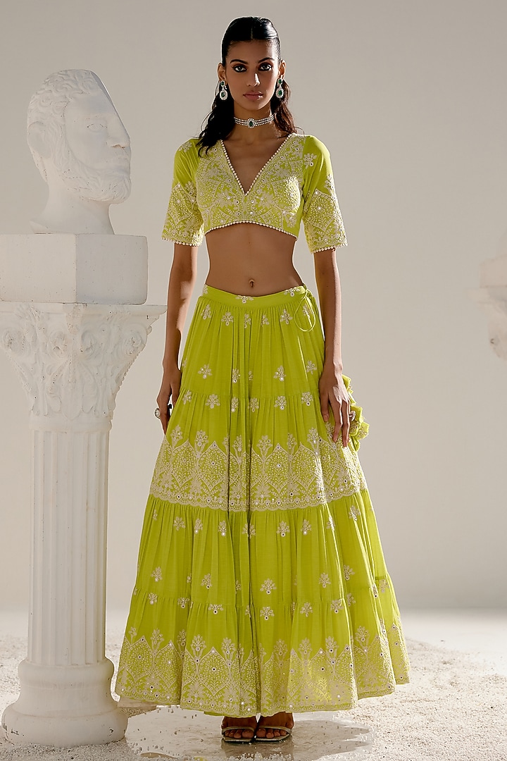 Neon Green Cotton Mulmul Mirror & Thread Work Wedding Lehenga Set by PREEVIN at Pernia's Pop Up Shop