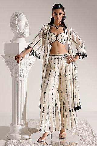 Black & White Mulmul Thread & Mirror Work Jacket Set by PREEVIN