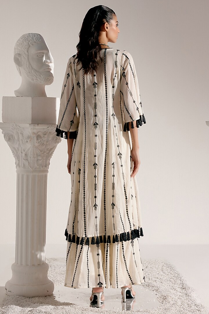 Black & White Mulmul Thread & Mirror Work Jacket Set by PREEVIN at Pernia's Pop Up Shop