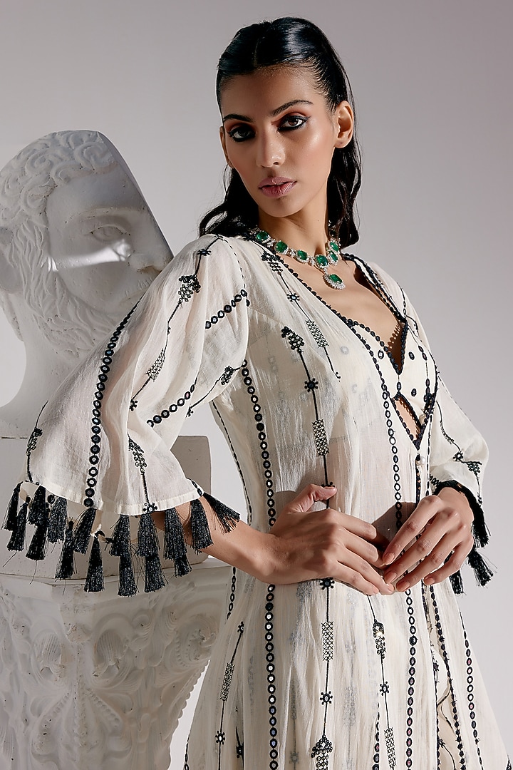 Black & White Mulmul Thread & Mirror Work Jacket Set by PREEVIN at Pernia's Pop Up Shop