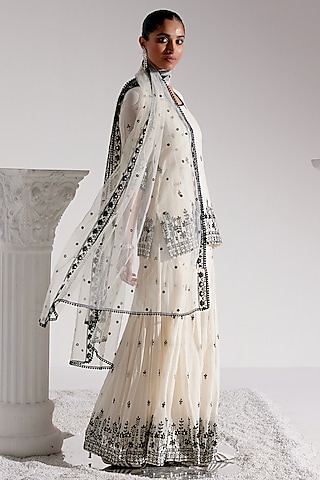Black & White Cotton Mulmul Thread Work Sharara Set by PREEVIN