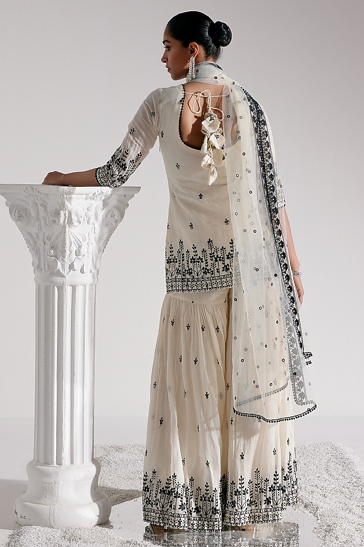 Black & White Cotton Mulmul Thread Work Party Wear Sharara Set by PREEVIN at Pernia's Pop Up Shop