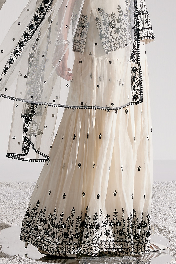 Black & White Cotton Mulmul Thread Work Party Wear Sharara Set by PREEVIN at Pernia's Pop Up Shop