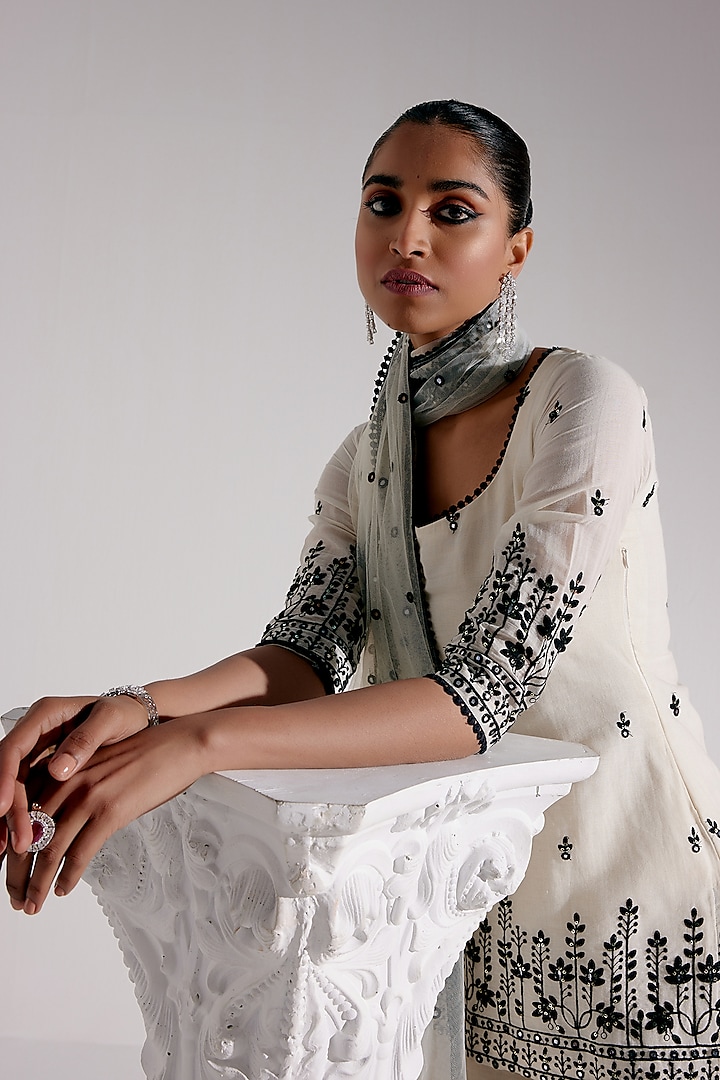 Black & White Cotton Mulmul Thread Work Party Wear Sharara Set by PREEVIN at Pernia's Pop Up Shop