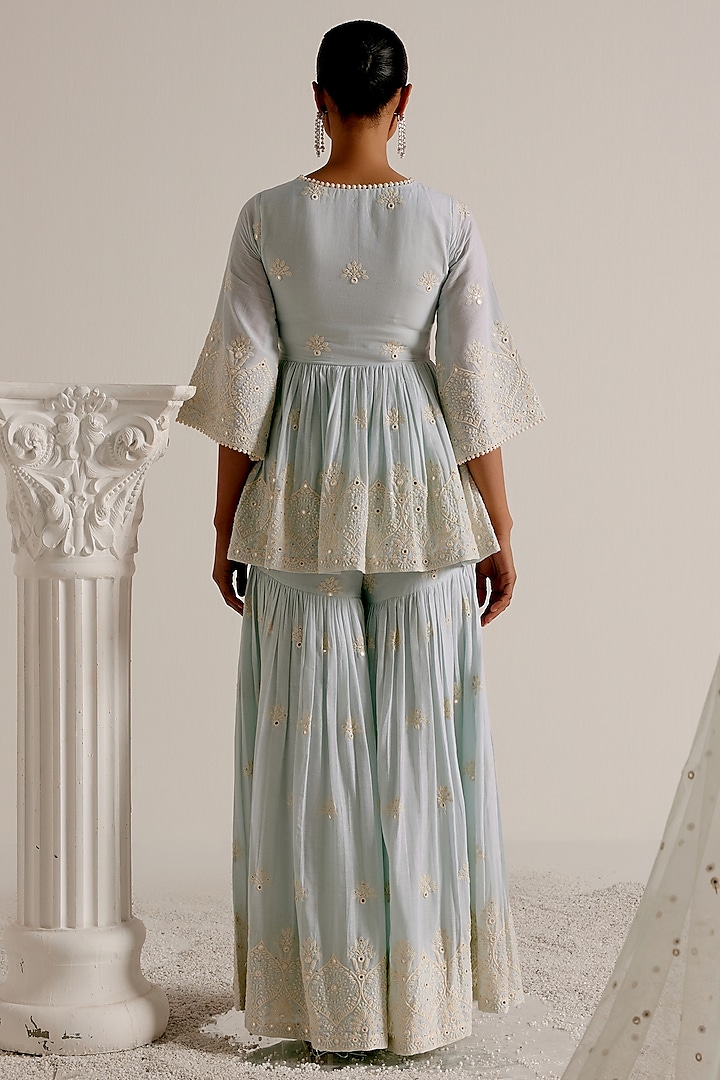 Ice Blue Cotton Mulmul Thread & MIrror Work Party Wear Sharara Set by PREEVIN at Pernia's Pop Up Shop