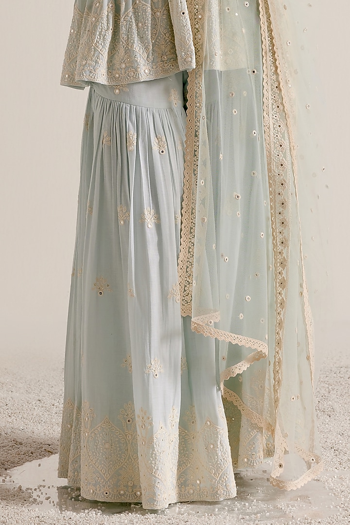 Ice Blue Cotton Mulmul Thread & MIrror Work Party Wear Sharara Set by PREEVIN at Pernia's Pop Up Shop