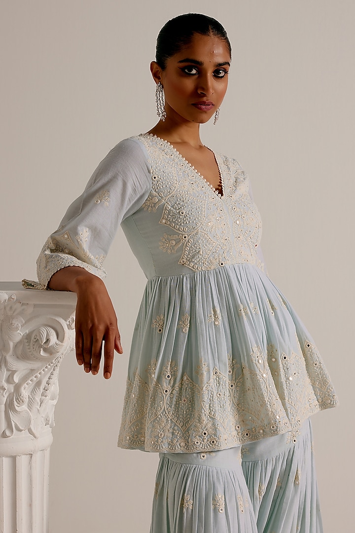 Ice Blue Cotton Mulmul Thread & MIrror Work Party Wear Sharara Set by PREEVIN at Pernia's Pop Up Shop
