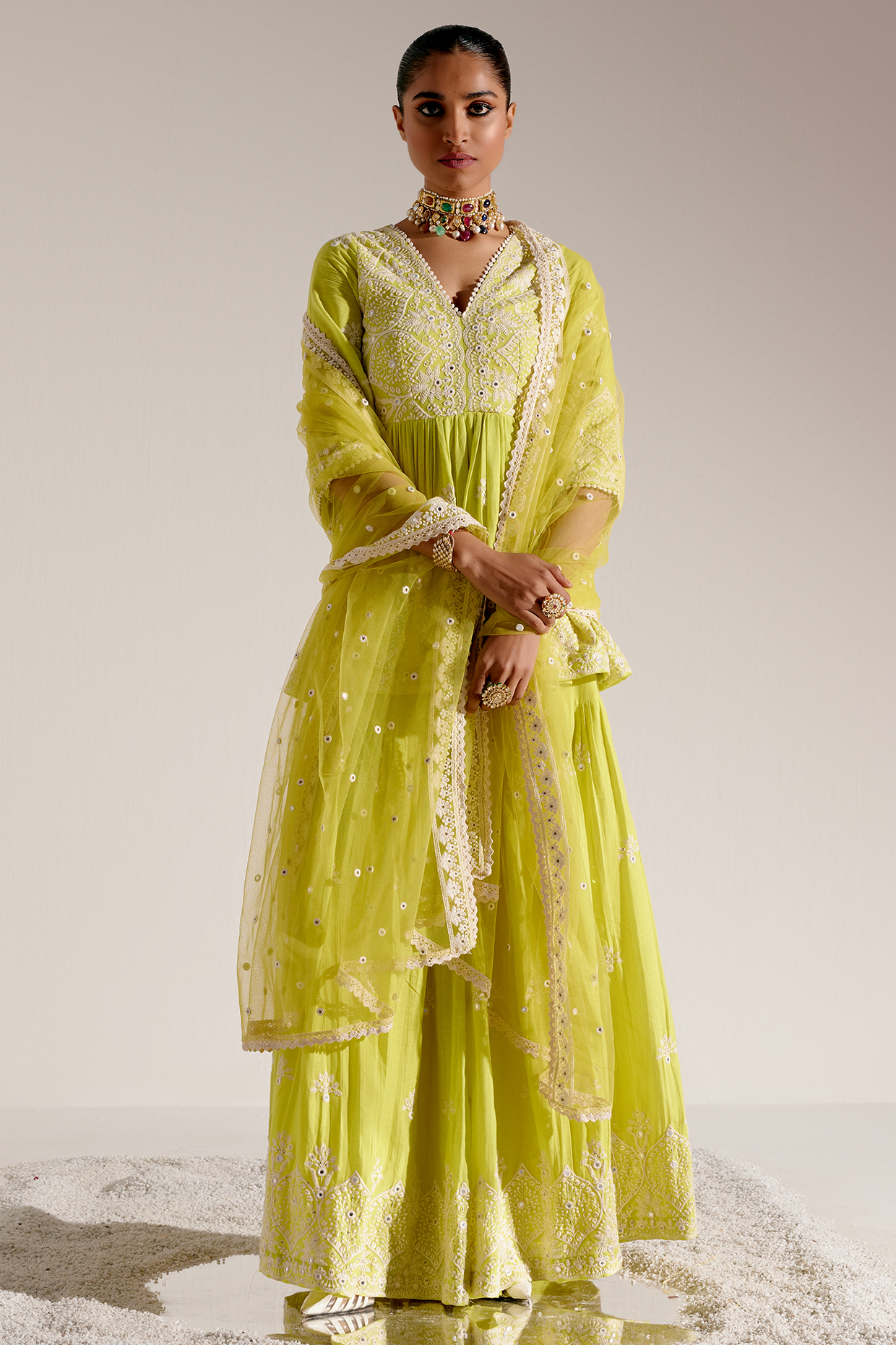 Neon Green Cotton Mulmul Thread & MIrror Work Party Wear Sharara Set by PREEVIN at Pernia's Pop Up Shop