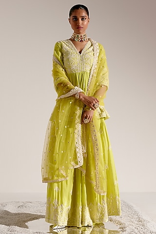 Neon Green Cotton Mulmul Thread & MIrror Work Sharara Set by PREEVIN