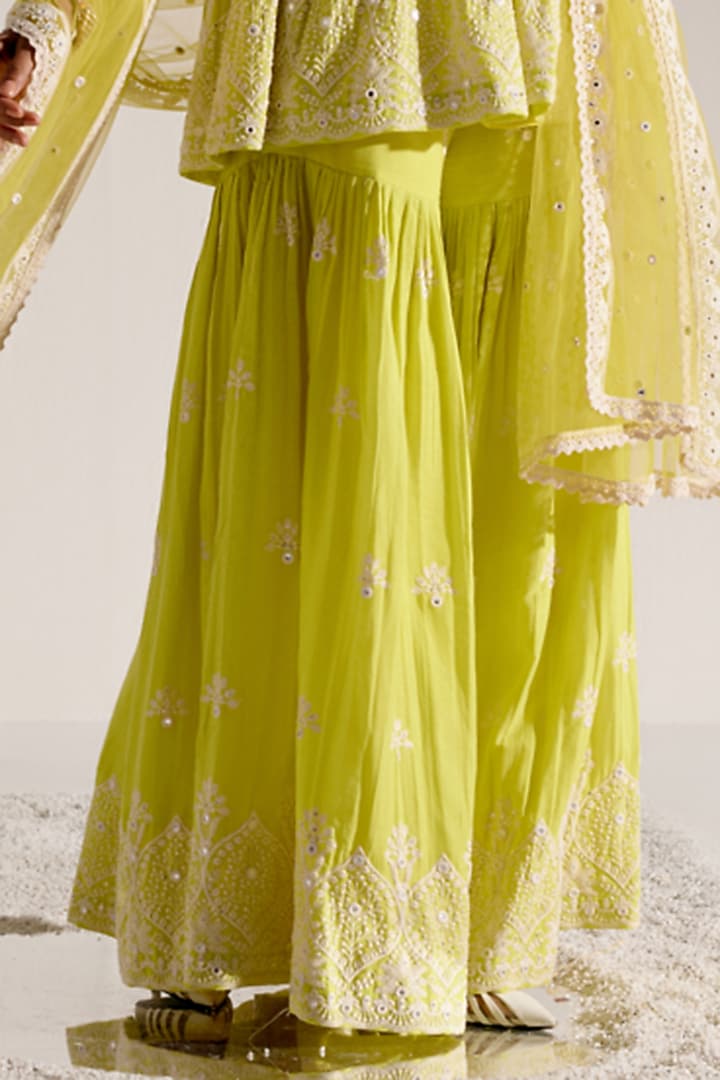 Neon Green Cotton Mulmul Thread & MIrror Work Party Wear Sharara Set by PREEVIN at Pernia's Pop Up Shop