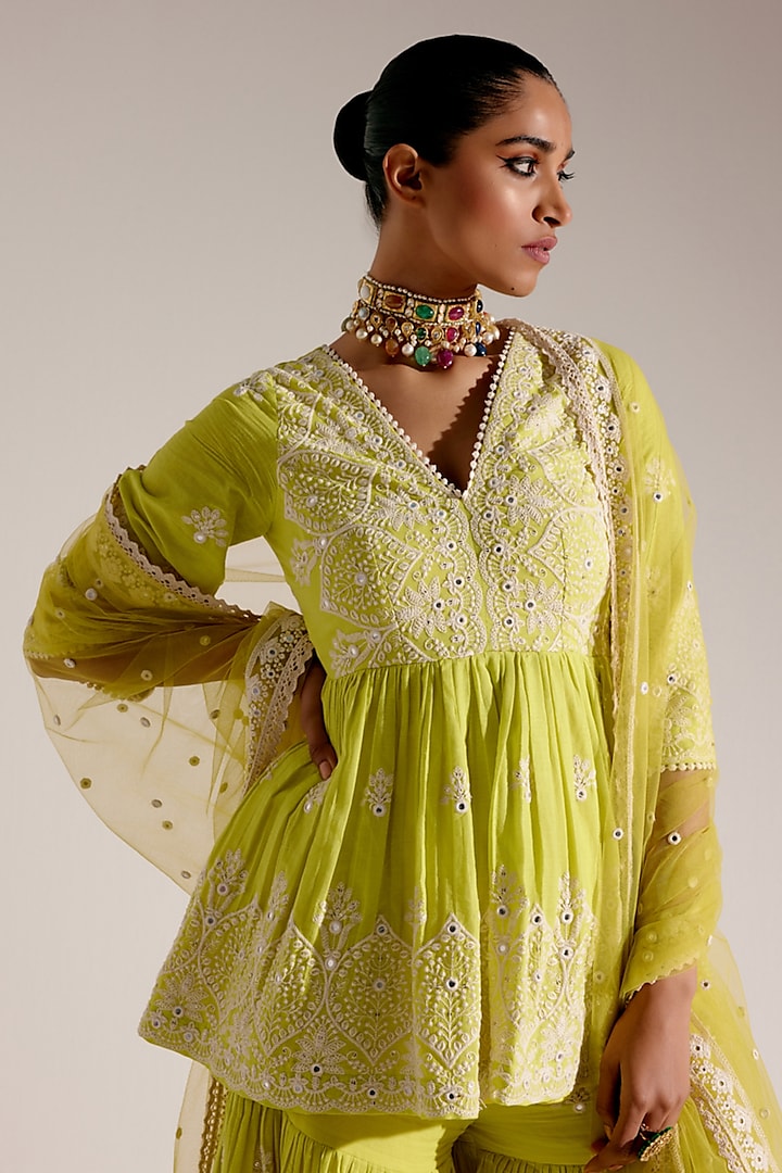 Neon Green Cotton Mulmul Thread & MIrror Work Party Wear Sharara Set by PREEVIN at Pernia's Pop Up Shop