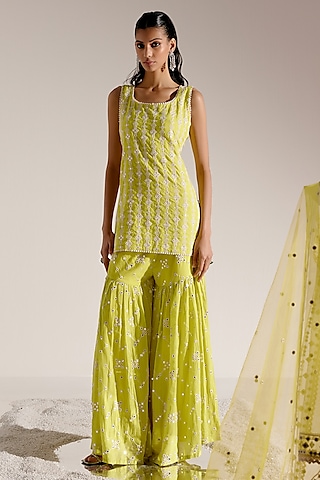 Neon Green Cotton Mulmul Thread & MIrror Work Sharara Set by PREEVIN