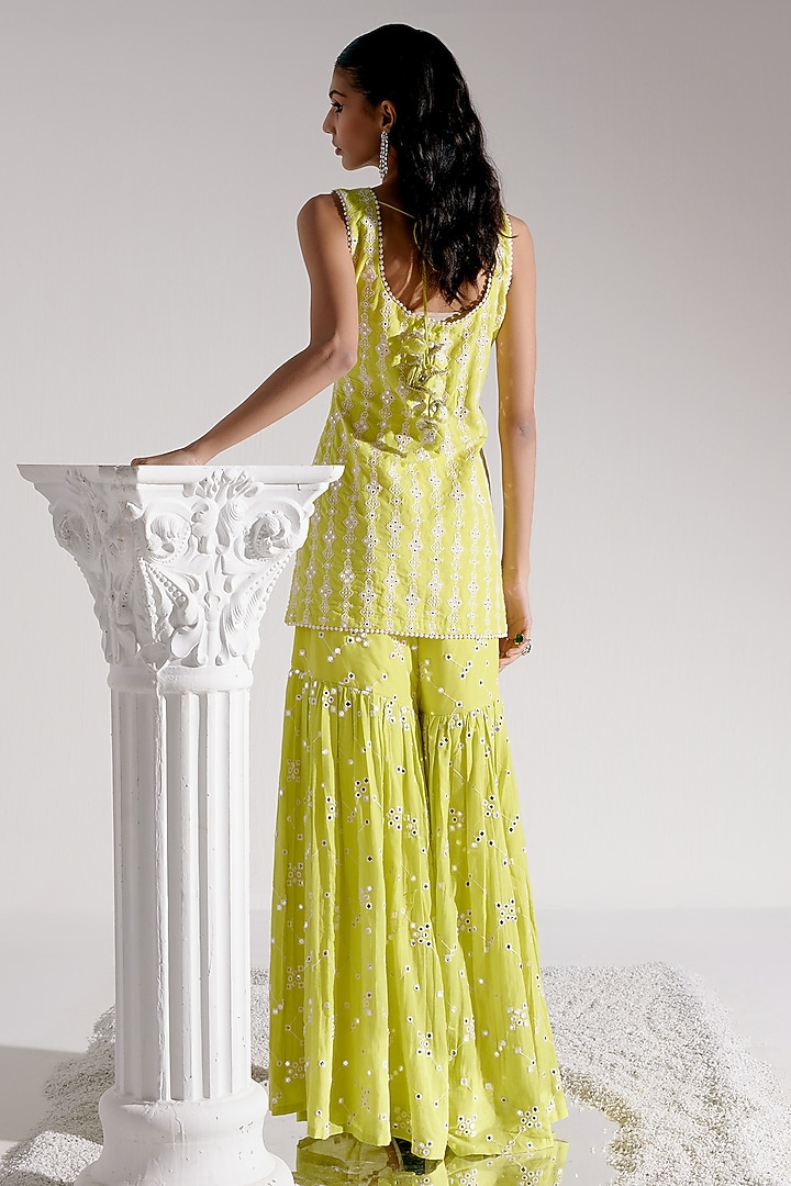 Neon Green Cotton Mulmul Thread & MIrror Work Party Wear Sharara Set by PREEVIN at Pernia's Pop Up Shop