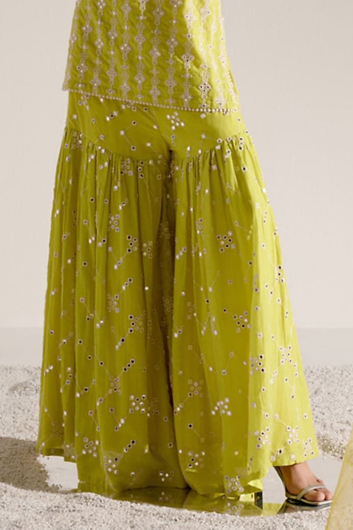 Neon Green Cotton Mulmul Thread & MIrror Work Party Wear Sharara Set by PREEVIN at Pernia's Pop Up Shop