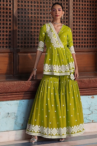 Neon Green Cotton Mulmul Thread & Mirror Work Sharara Set by PREEVIN