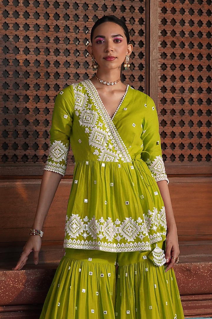 Neon Green Cotton Mulmul Thread & Mirror Work Sharara Set by PREEVIN at Pernia's Pop Up Shop