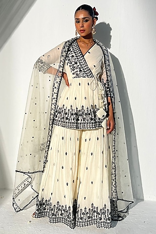 Black & White Cotton Mulmul Mirror Work Sharara Set by PREEVIN