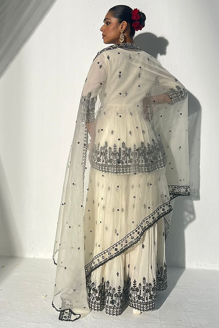 Black & White Cotton Mulmul Mirror Work Party Wear Sharara Set by PREEVIN at Pernia's Pop Up Shop
