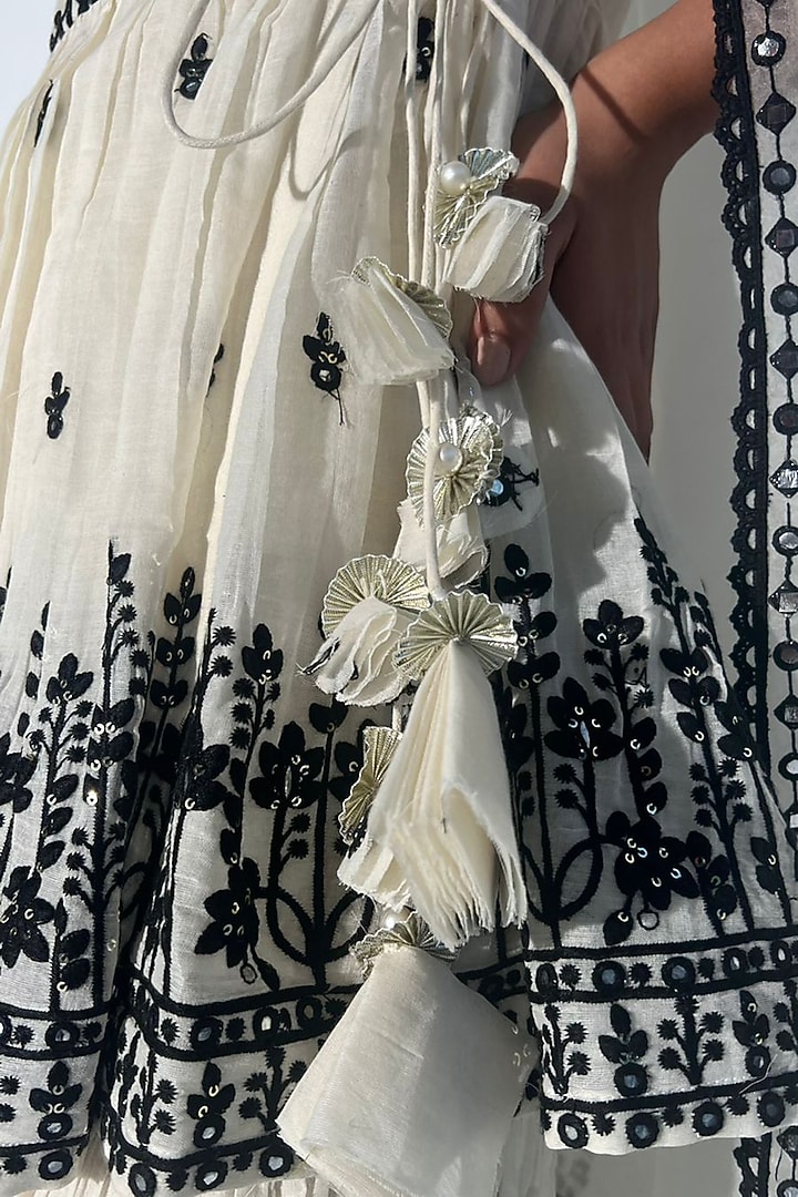 Black & White Cotton Mulmul Mirror Work Party Wear Sharara Set by PREEVIN at Pernia's Pop Up Shop