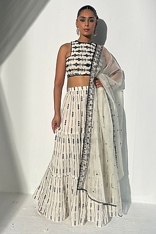 Black & White Cotton Mulmul Mirror Work Lehenga Set by PREEVIN
