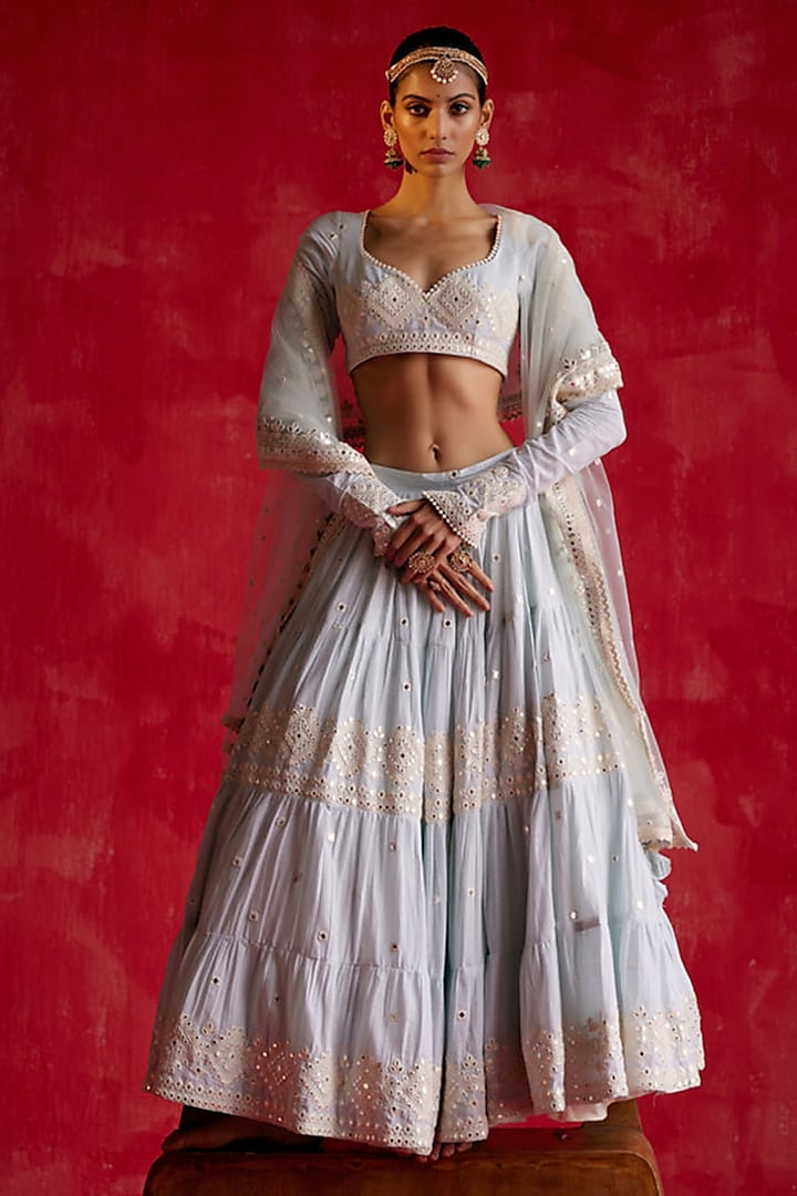 Ice Blue Cotton Mulmul Thread & Mirror Work Lehenga Set by PREEVIN at Pernia's Pop Up Shop