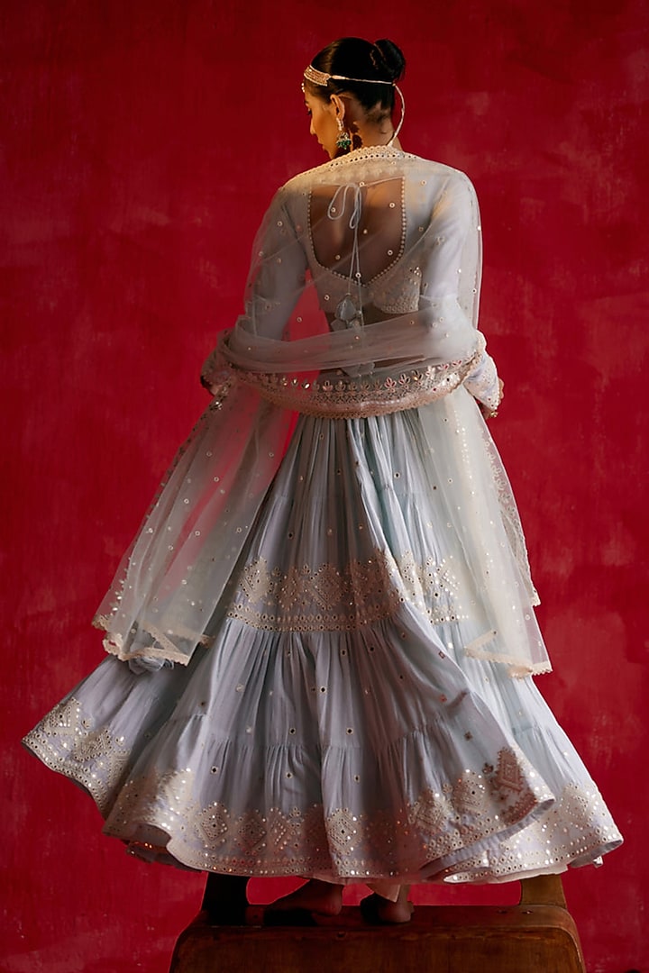 Ice Blue Cotton Mulmul Thread & Mirror Work Lehenga Set by PREEVIN at Pernia's Pop Up Shop
