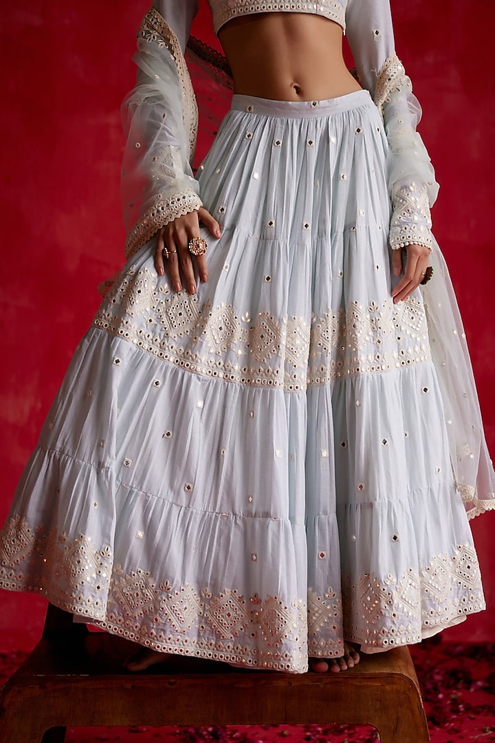Ice Blue Cotton Mulmul Thread & Mirror Work Lehenga Set by PREEVIN at Pernia's Pop Up Shop