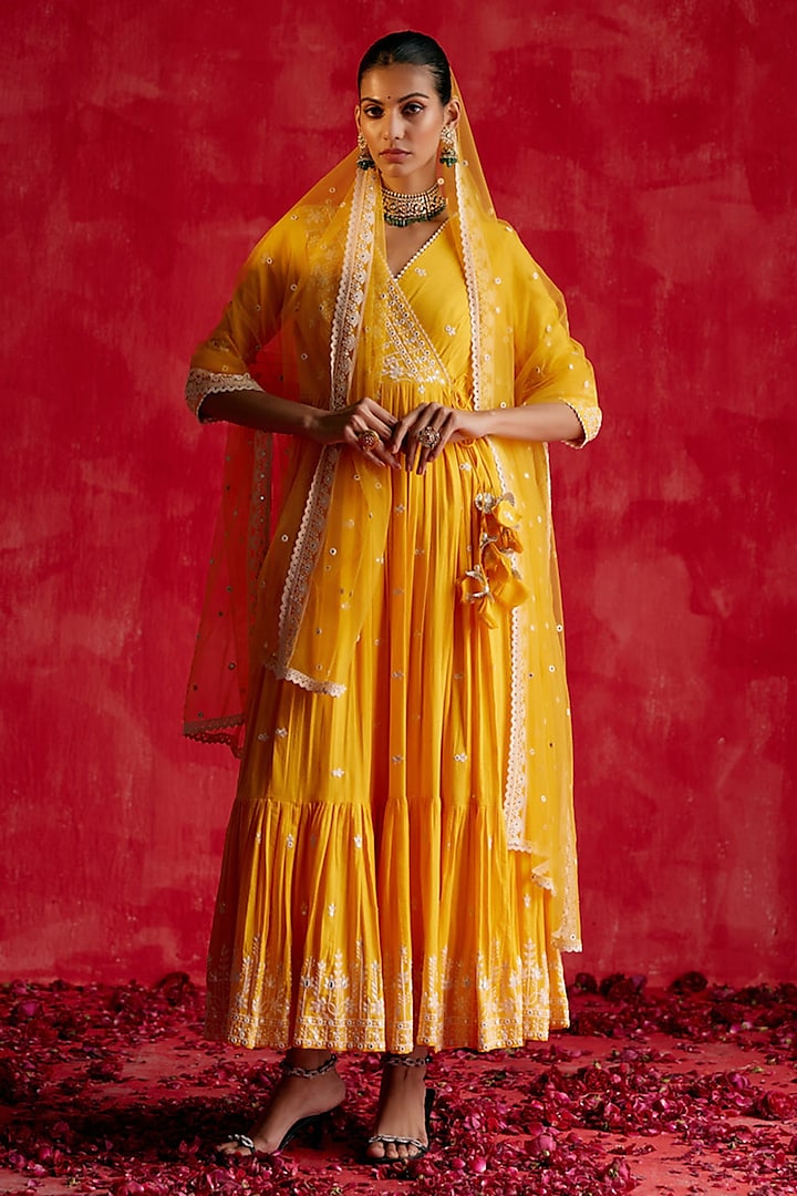 Mango Yellow Cotton Mulmul Mirror Work Angrakha Anarkali Set by PREEVIN at Pernia's Pop Up Shop