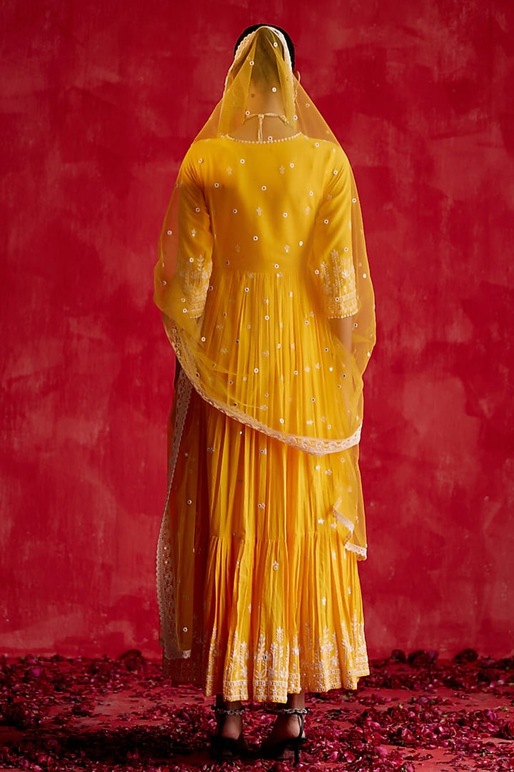 Mango Yellow Cotton Mulmul Mirror Work Angrakha Party Wear Anarkali Set by PREEVIN at Pernia's Pop Up Shop