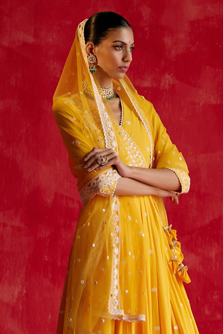 Mango Yellow Cotton Mulmul Mirror Work Angrakha Party Wear Anarkali Set by PREEVIN at Pernia's Pop Up Shop