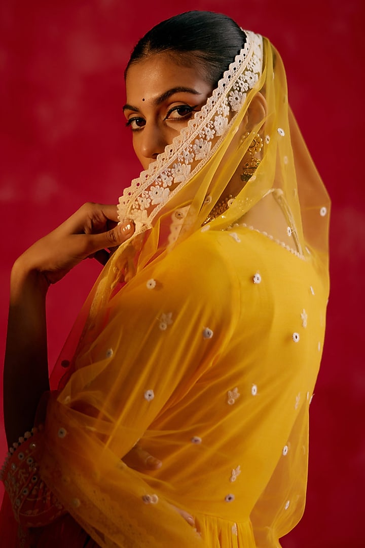 Mango Yellow Cotton Mulmul Mirror Work Angrakha Party Wear Anarkali Set by PREEVIN at Pernia's Pop Up Shop