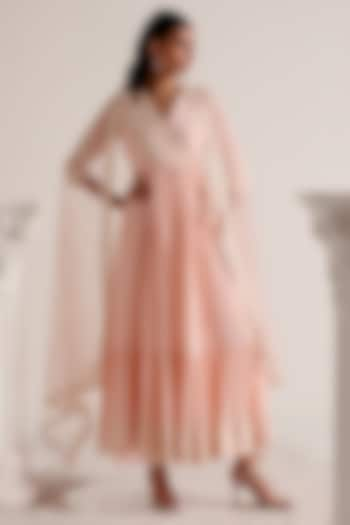 Blush Pink Cotton Mulmul Mirror Work Angrakha Anarkali Set by PREEVIN at Pernia's Pop Up Shop