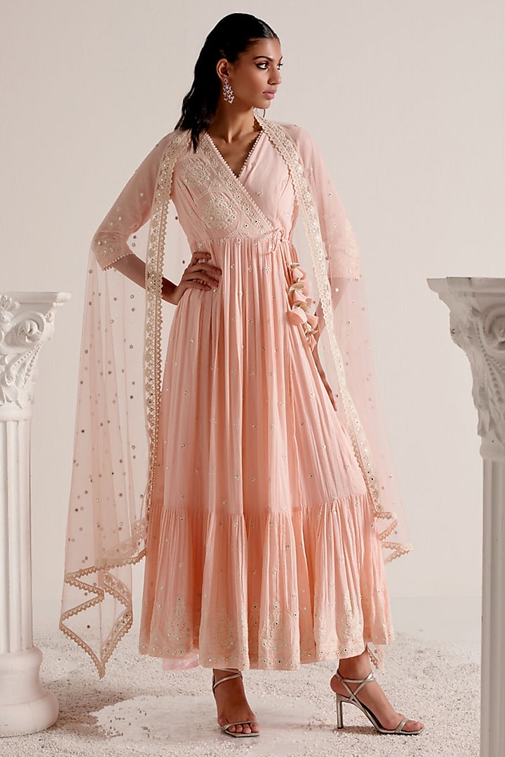 Blush Pink Cotton Mulmul Mirror Work Angrakha Anarkali Set by PREEVIN at Pernia's Pop Up Shop