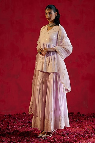 Lavender Cotton Mulmul Mirror & Thread Work Sharara Set by PREEVIN