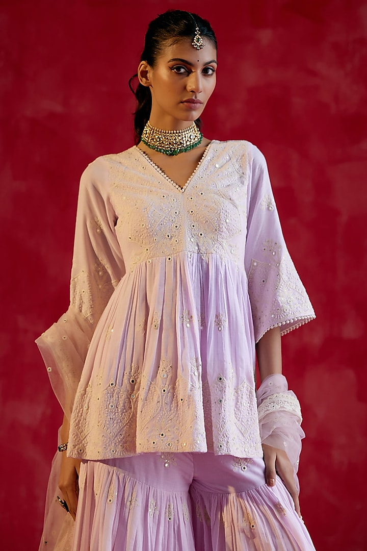 Lavender Cotton Mulmul Mirror & Thread Work Party Wear Sharara Set by PREEVIN at Pernia's Pop Up Shop