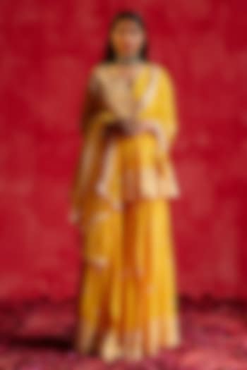 Mango Yellow Cotton Mulmul Mirror & Thread Work Sharara Set by PREEVIN at Pernia's Pop Up Shop