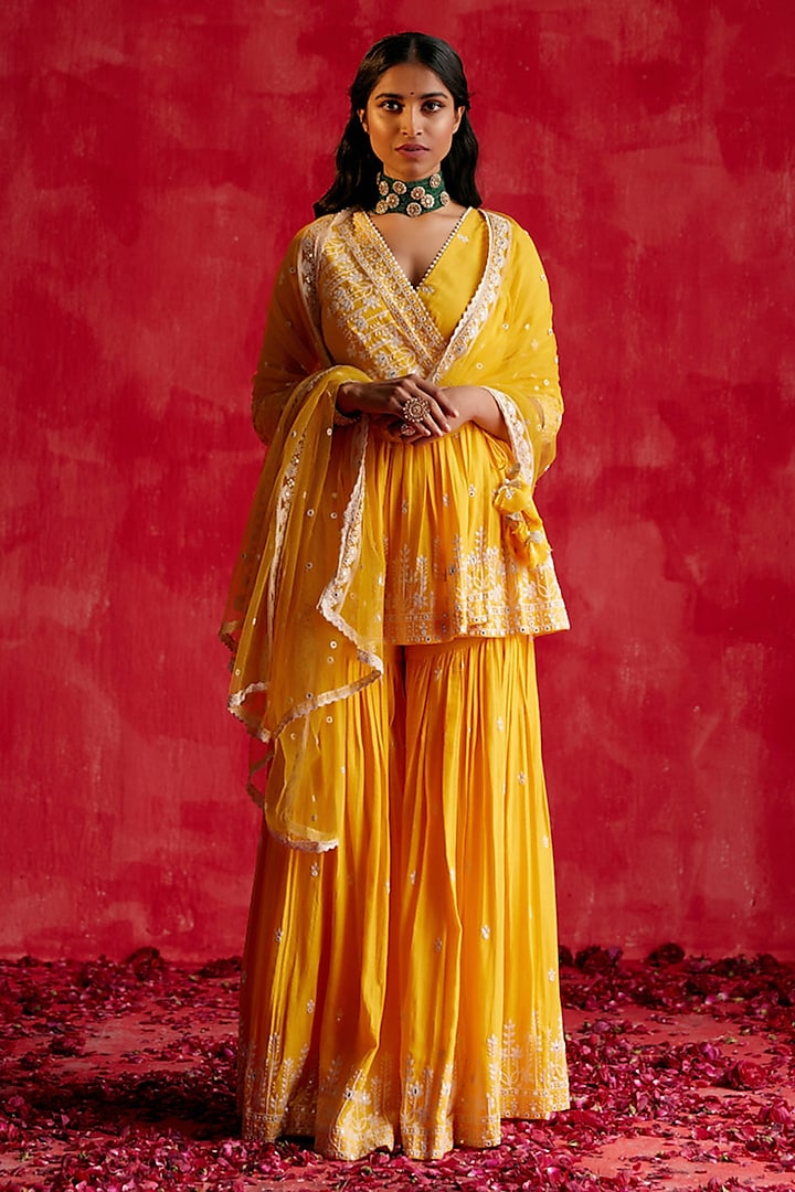 Mango Yellow Cotton Mulmul Mirror & Thread Work Sharara Set by PREEVIN at Pernia's Pop Up Shop