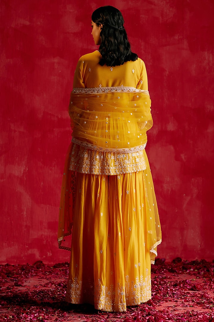 Mango Yellow Cotton Mulmul Mirror & Thread Work Party Wear Sharara Set by PREEVIN at Pernia's Pop Up Shop