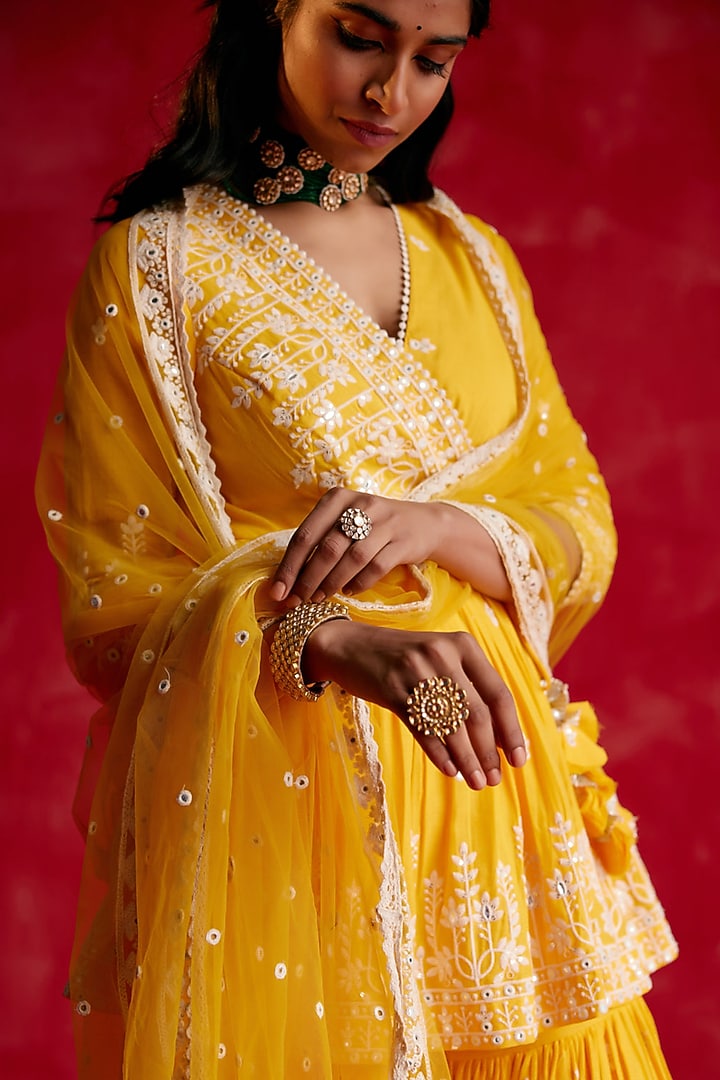 Mango Yellow Cotton Mulmul Mirror & Thread Work Party Wear Sharara Set by PREEVIN at Pernia's Pop Up Shop