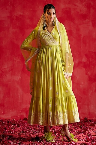 Neon Green Cotton Mulmul Mirror Work Angrakha Anarkali Set by PREEVIN