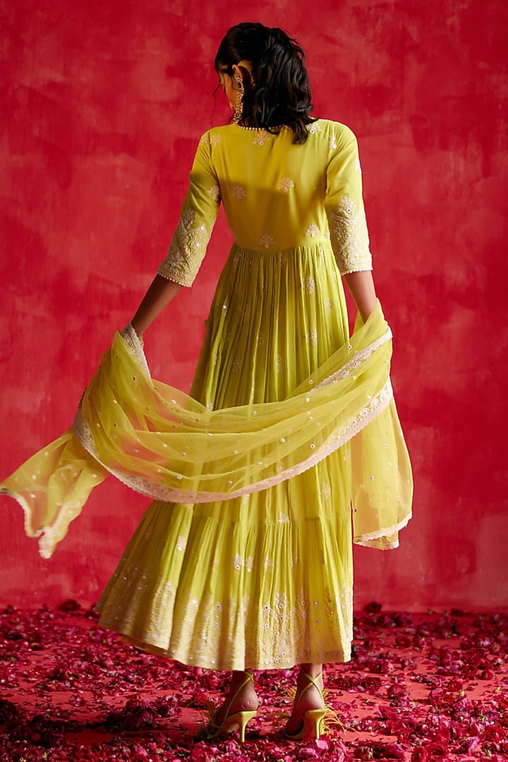 Neon Green Cotton Mulmul Mirror Work Angrakha Party Wear Anarkali Set by PREEVIN at Pernia's Pop Up Shop