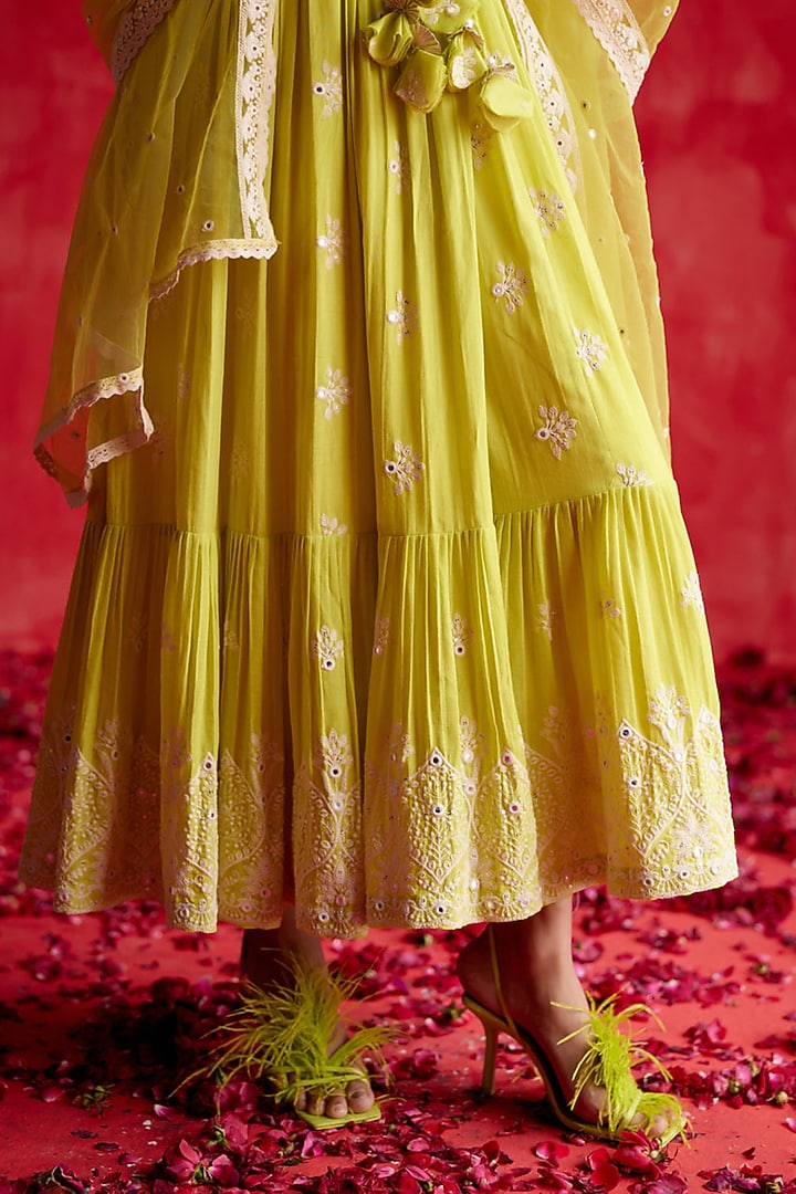 Neon Green Cotton Mulmul Mirror Work Angrakha Party Wear Anarkali Set by PREEVIN at Pernia's Pop Up Shop