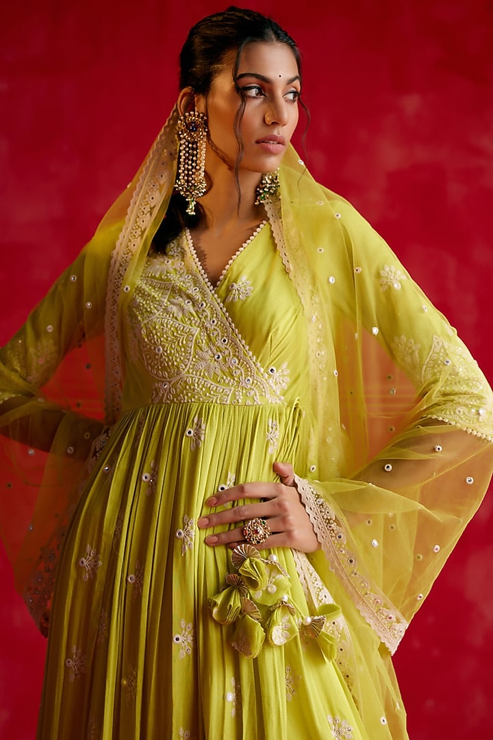 Neon Green Cotton Mulmul Mirror Work Angrakha Party Wear Anarkali Set by PREEVIN at Pernia's Pop Up Shop