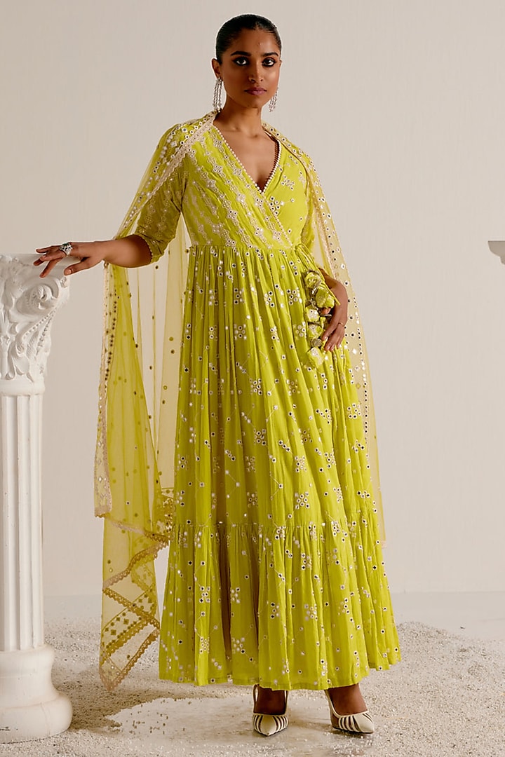 Neon Green Cotton Mulmul Mirror Work Angrakha Anarkali Set by PREEVIN at Pernia's Pop Up Shop